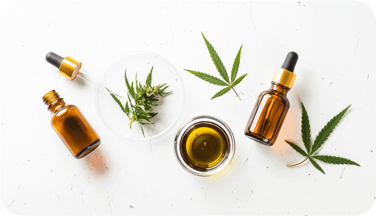 Exktrakte, Blüten und Blätter von Cannabis auf weißem Grund